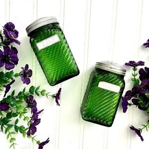 Vintage Owens Illinois Green Hoosier Glass Ribbed Swirl Jars SALT + PEPPER
